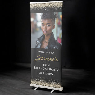 Birthday Party Gold Black Glitter Photo Instagram Retractable Banner