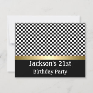 Birthday Party Gold Black & White Check Pattern Invitation