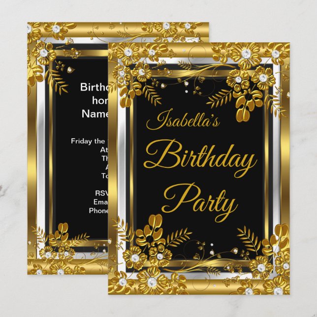 Birthday Party Gold Black White Diamond Floral Invitation (Front/Back)