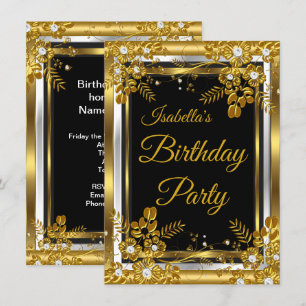 Birthday Party Gold Black White Diamond Floral Invitation