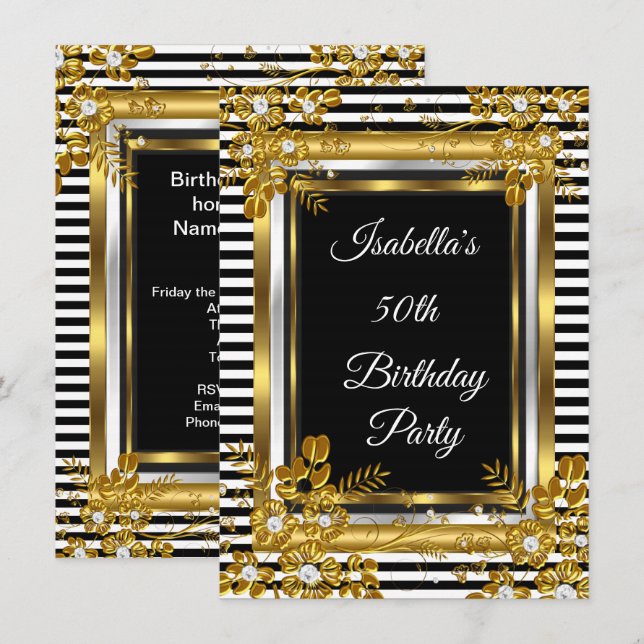 Birthday Party Gold Black White Stripe Floral Invitation (Front/Back)