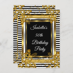 Birthday Party Gold Black White Stripe Floral Invitation
