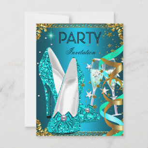 Birthday Party Gold Blue Shoes Invitation