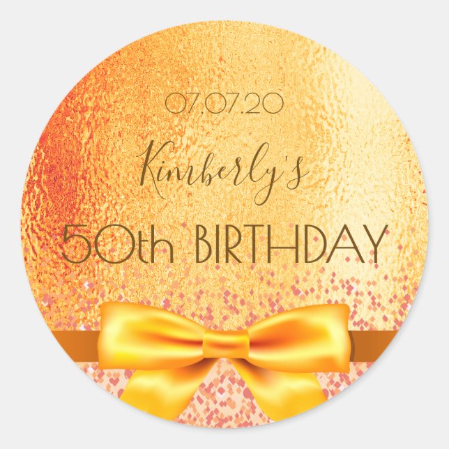 Birthday party gold bow name classic round sticker (Front)