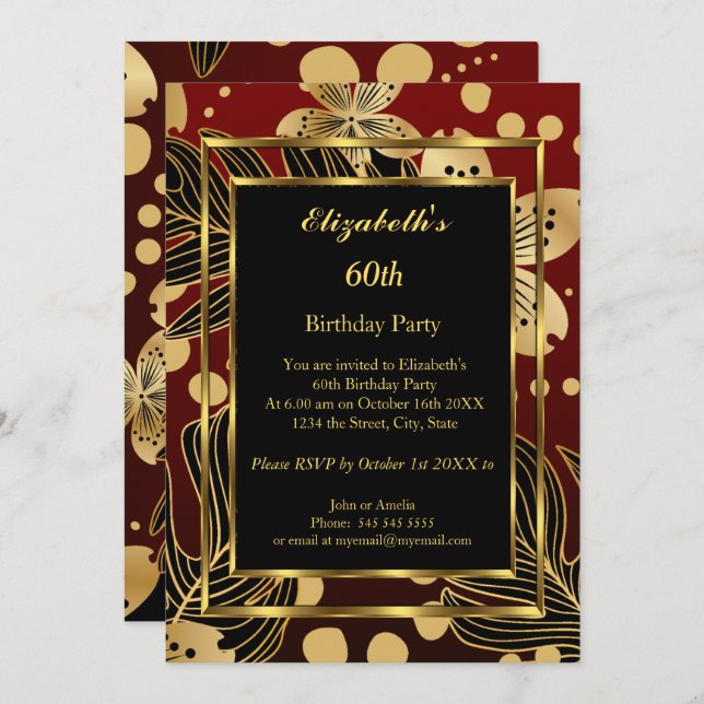 Birthday Party Gold Burgundy Floral Invitation (Front/Back)