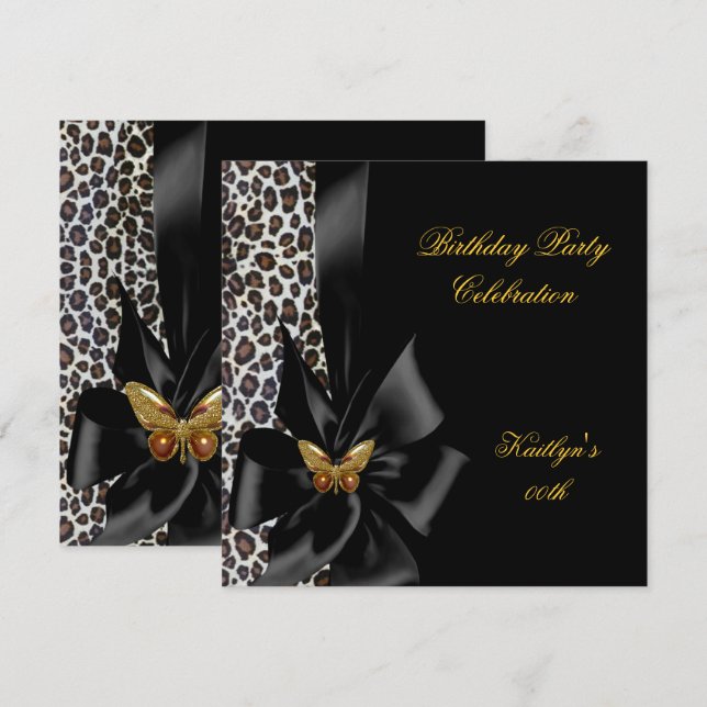 Birthday Party Gold Cheetah Black Butterfly Invitation (Front/Back)