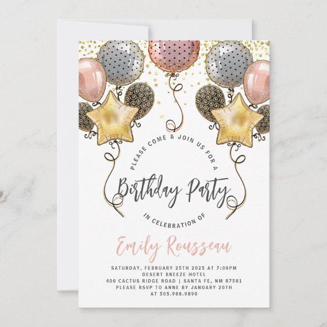 Birthday Party Gold Confetti Balloons Invitation (Front)