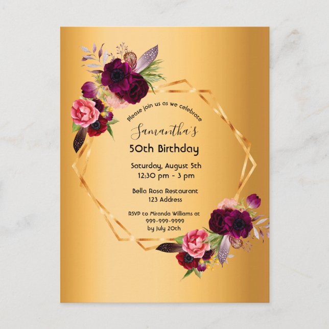 Birthday party gold floral luxury invitation postcard (Front)
