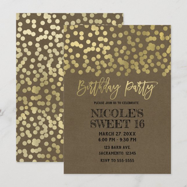 Birthday Party Gold Foil Modern Chic Rustic Kraft Invitation (Front/Back)