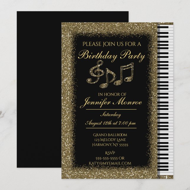Birthday Party Gold Glitter Piano Invitation (Front/Back)