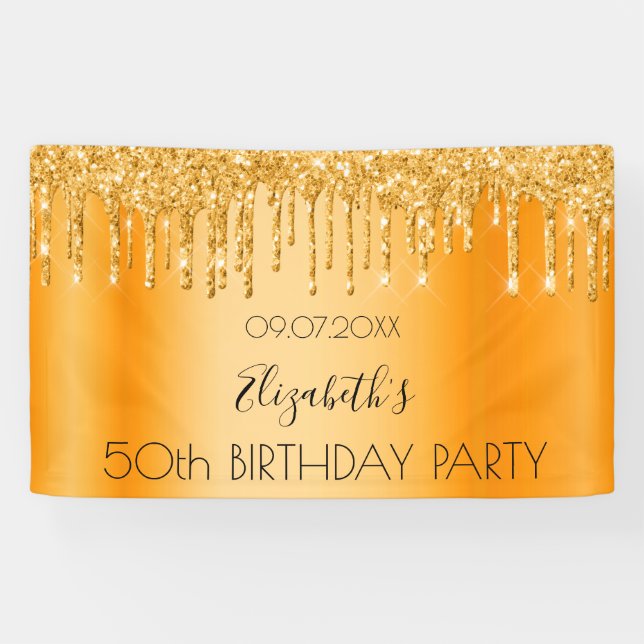 Birthday party gold glitter sparkle name welcome banner (Horizontal)