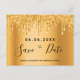 Birthday party gold glitter text save the date postcard