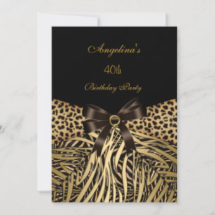 Birthday Party Gold Leopard Brown Black Bow Invitation