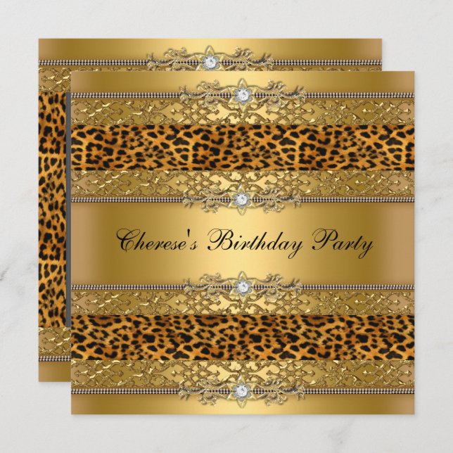 Birthday Party Gold Leopard Diamond Invitation (Front/Back)