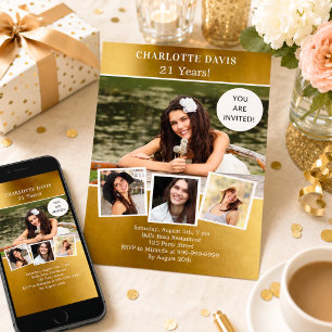 Birthday party gold photo collage invitation