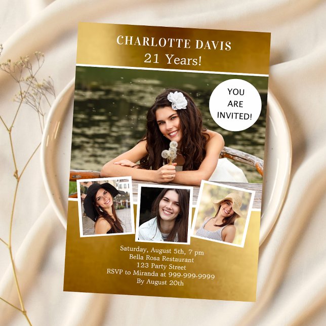 Birthday party gold photo collage invitation (Creator Uploaded)