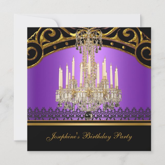Birthday Party Gold Purple Black Chandelier Invitation (Front)