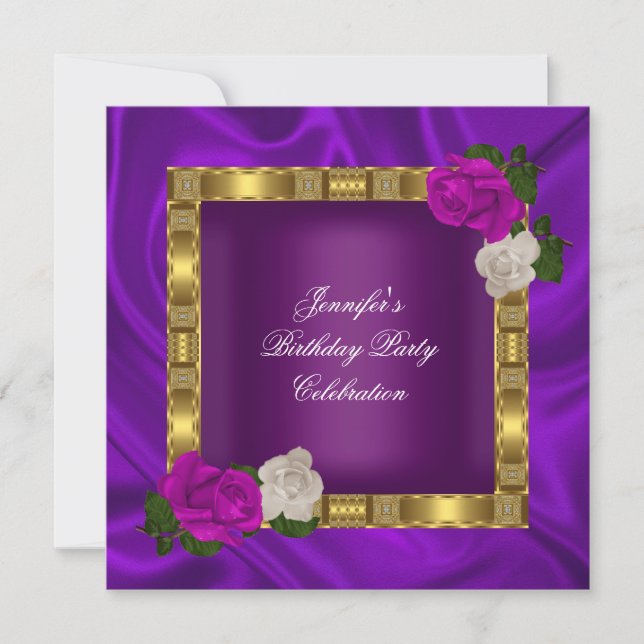 Birthday Party Gold Purple Plum Pink Rose Invitation (Front)