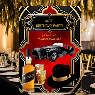 Birthday Party Gold Red Black 1930s Car Whiskey Invitation