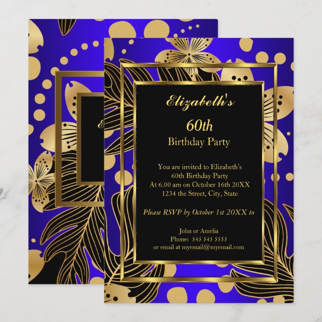 Birthday Party Gold Royal Blue Floral Invitation (Front/Back)