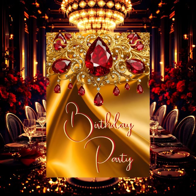 Birthday Party Gold Silk Ruby Red jewel Invitation (Creator Uploaded)