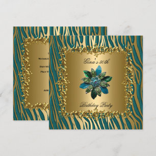 Birthday Party Gold Teal Blue Floral Womens 50th Invitation