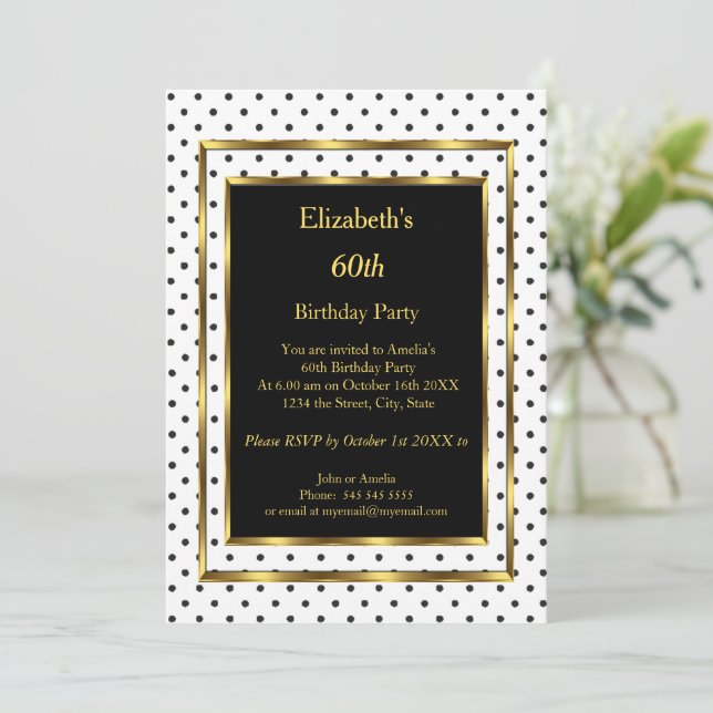 Birthday Party Gold White Black Polka Dots Invitation (Standing Front)