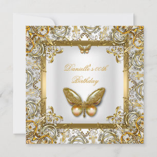 Birthday Party Gold White Butterfly Lace Image Invitation