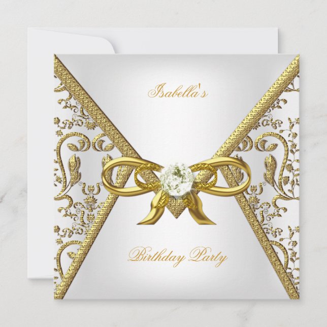 Birthday Party Gold White Damask Bow Image Invitation (Front)