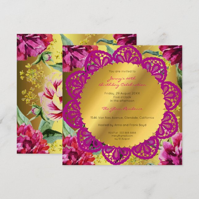Birthday Party Golden Floral Peony Pink Green Invitation (Front/Back)