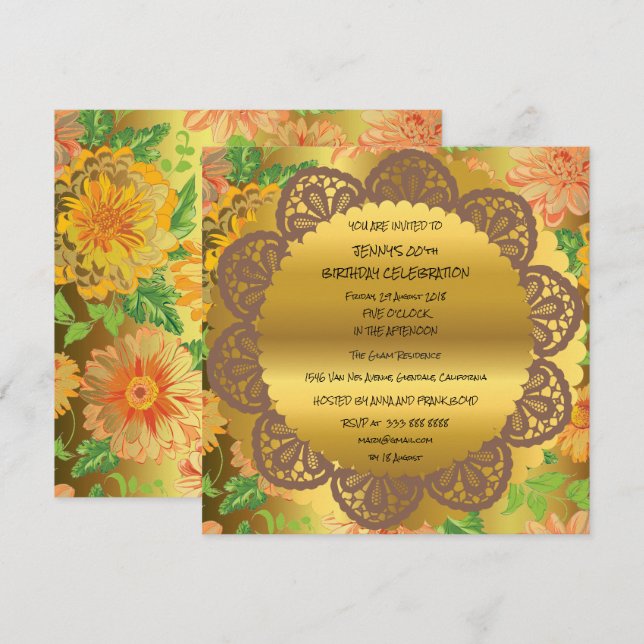 Birthday Party Golden Floral Royal Ornament Invitation (Front/Back)