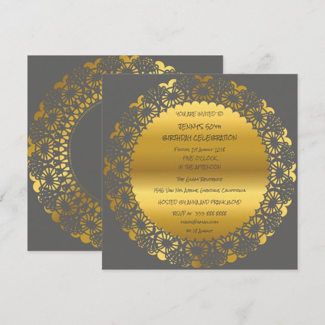 Birthday Party Golden Gray Lace Glam Wreath Invitation (Front/Back)