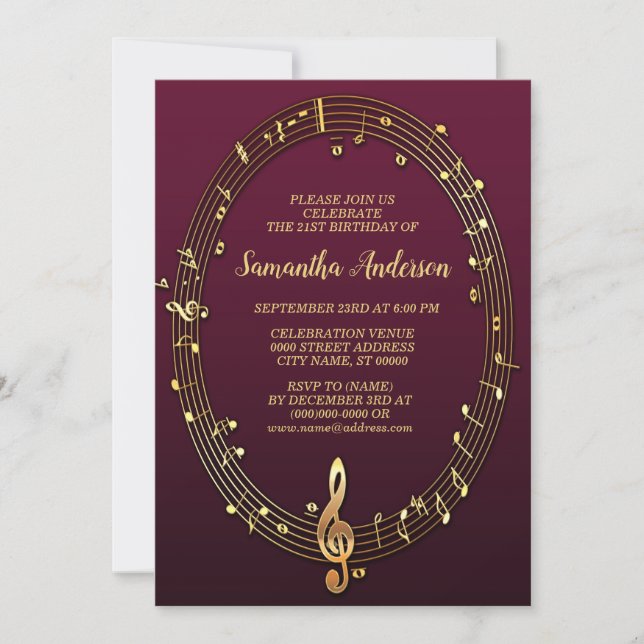 Birthday Party Golden Musical Notes Pink Burgundy Invitation (Front)