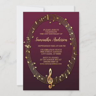 Birthday Party Golden Musical Notes Pink Burgundy Invitation