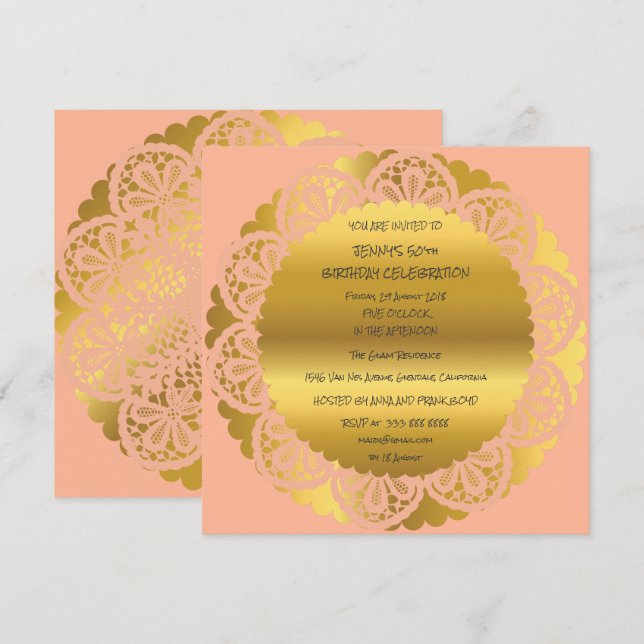 Birthday Party Golden Peach Pastel Lace Glam Invitation (Front/Back)
