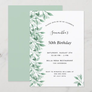 Birthday party green white botanical floral modern invitation