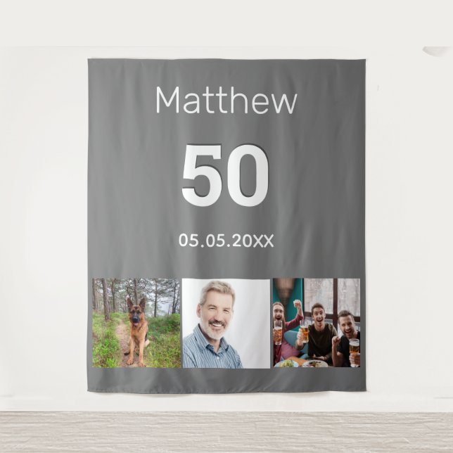 Birthday party grey photo monogram men tapestry (Front)