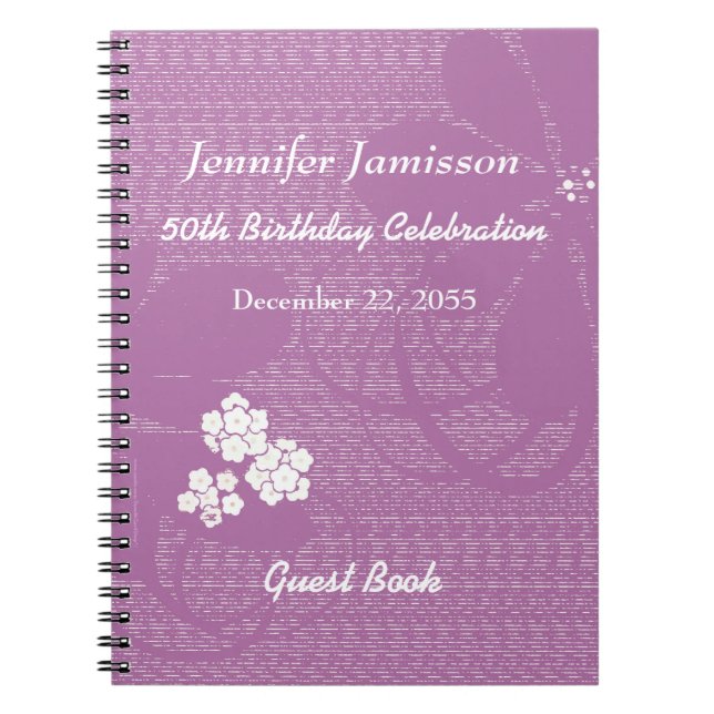 Birthday Party Guest Book Purple Floral Notebook (Front)