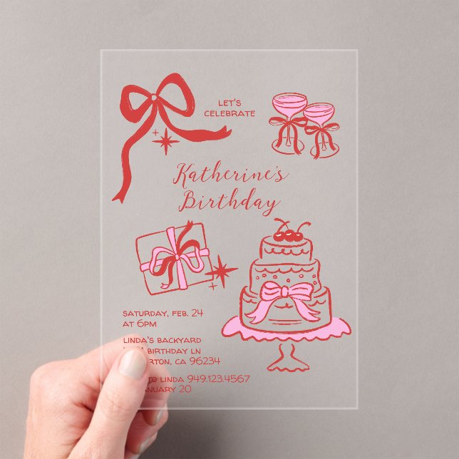 Birthday Party Hand Drawn Red Pink Scribble  Acrylic Invitations (Insitu (Handheld))