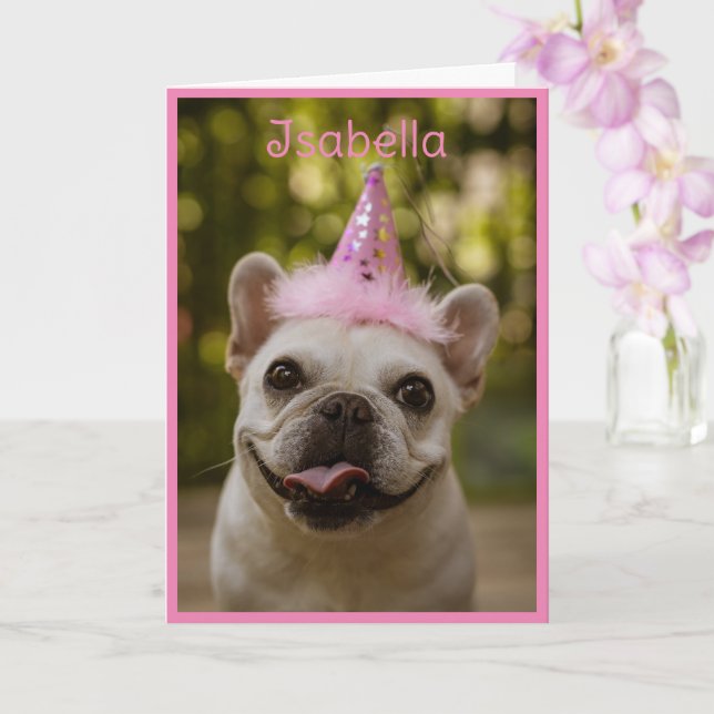 Birthday Party Hat Pug Dog Personalise Name Card (Orchid)
