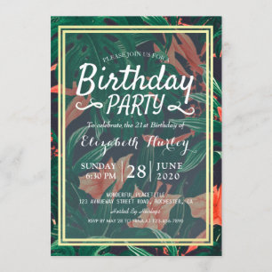 Birthday Party Hawaiian Tropical Floral Gold Frame Invitation