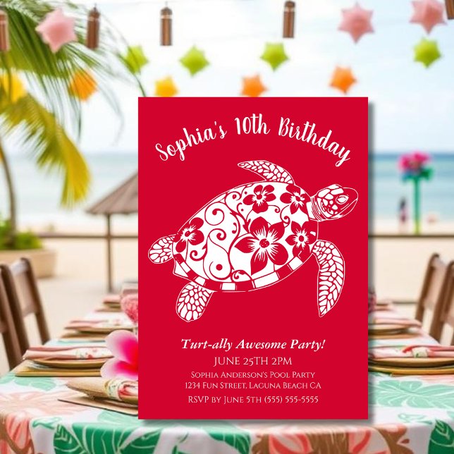Birthday Party-Hawaiian Turtle Cherry Red Invitation (Birthday Party Invitation, Hawaiian Turtle, Tropical Flowers, Hawaiian Tribal, summer, beach, pool)