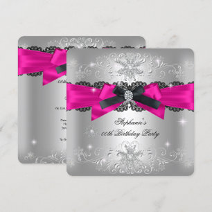 Birthday Party Hot Pink Black Bow Glitter Silver 2 Invitation