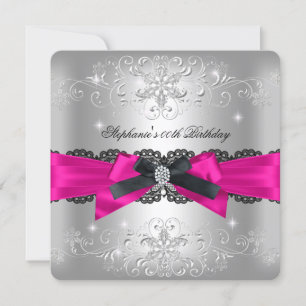 Birthday Party Hot Pink Black Bow Glitter Silver Invitation