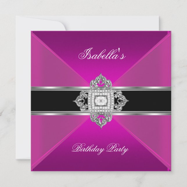 Birthday Party Hot Pink Black Diamond Jewels Invitation (Front)