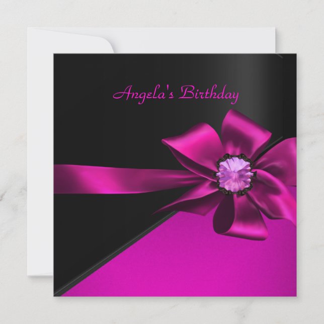 Birthday Party Hot Pink Black Pink Bow Jewel Invitation (Front)