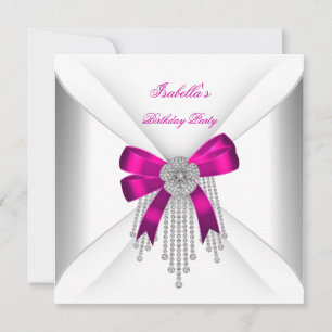 Birthday Party Hot Pink Bow Silver White Diamond Invitation