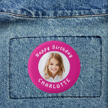 Birthday party hot pink photo girl name<br><div class="desc">A hot pink background. Personalise and add a photo and age. With the text: Happy Birthday. Curved text. White coloured text.   Personalise and add a name.</div>