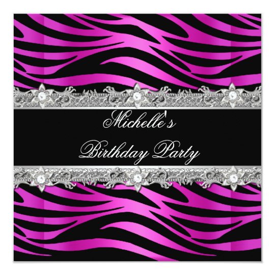 Birthday Party Hot Pink Silver Zebra Diamond Black Card