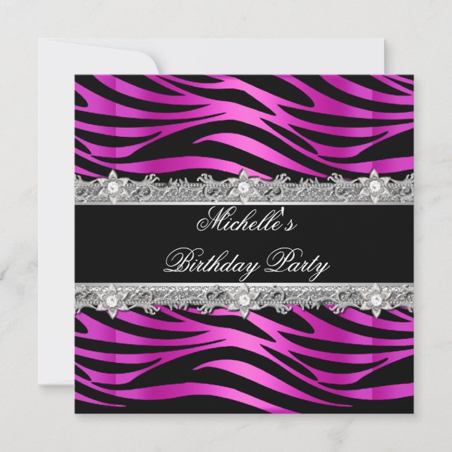Birthday Party Hot Pink Silver Zebra Diamond Black Invitation (Front)